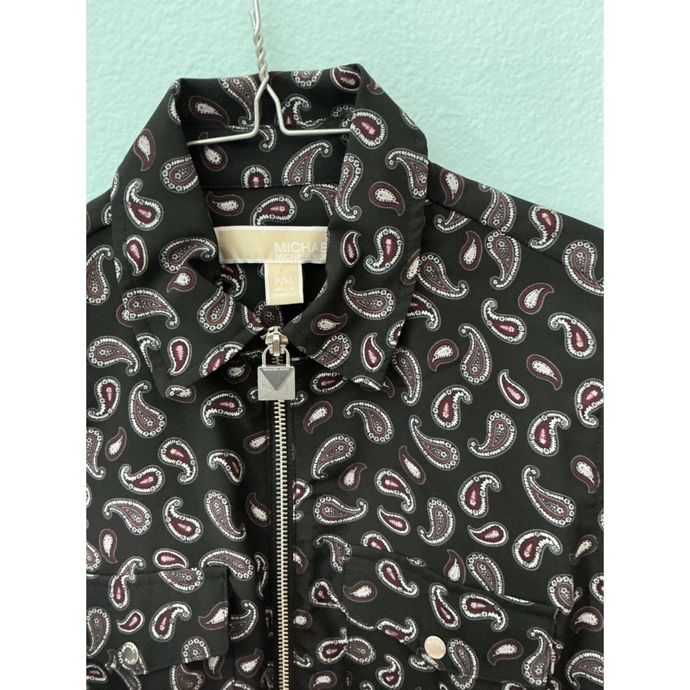 Michael Kors Paisley Blouse Top size Petite Medium Black, White, Burgundy  zip